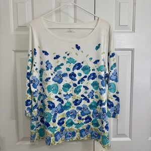 Talbots Blue Floral Wide Neck 3/4 Sleeve Tunic Top Size 1X